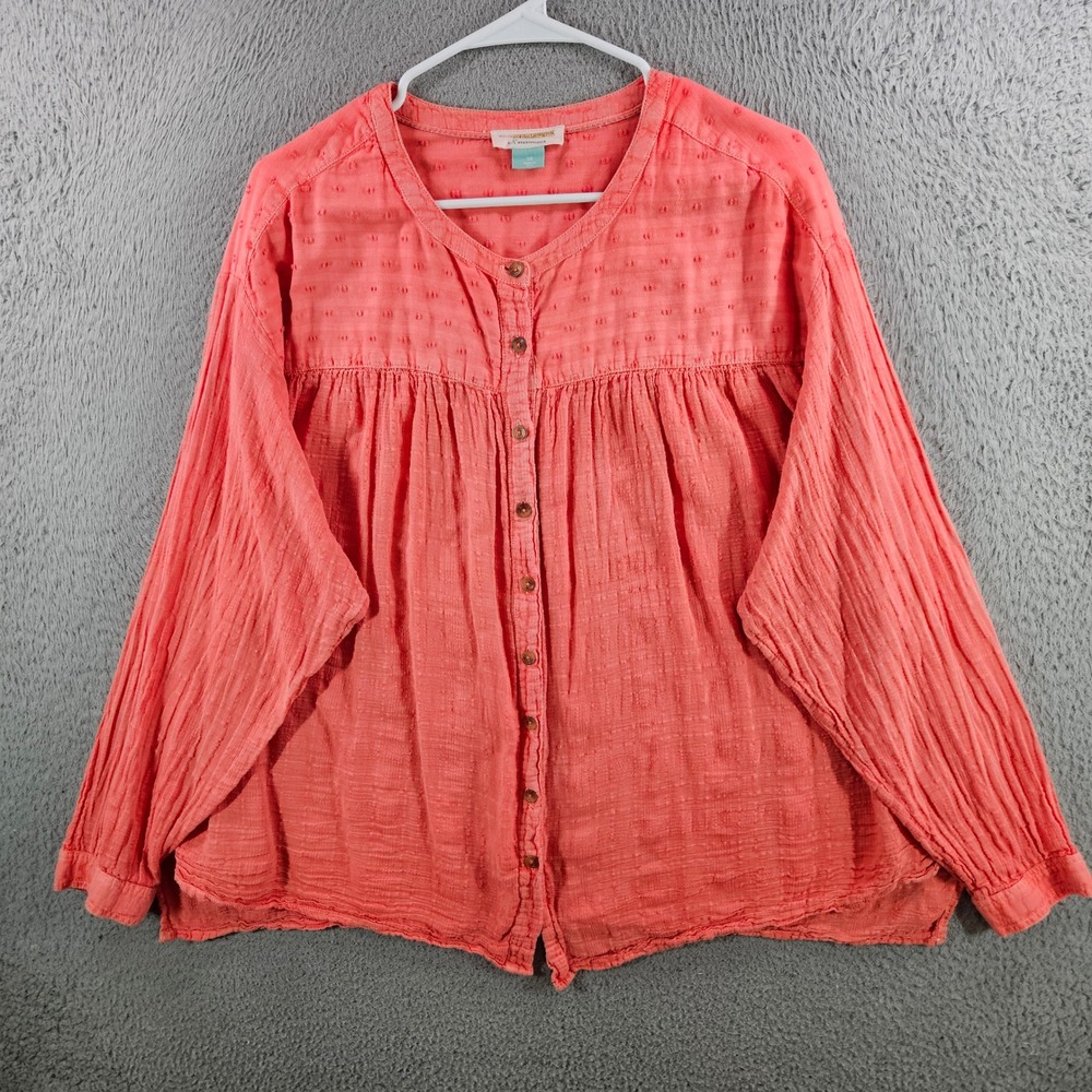 Pilcro by Anthropologie Coral Pink Cotton Gauze Dobby Button Front Blouse 1X